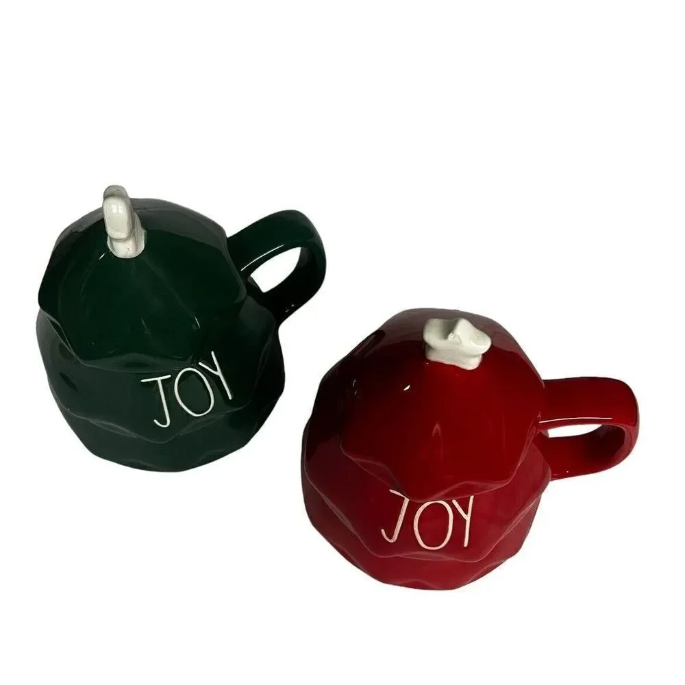 Rae Dunn JOY Red and Green Christmas Tree Mug With Tree Topper/Lid - Picture 2 of 8